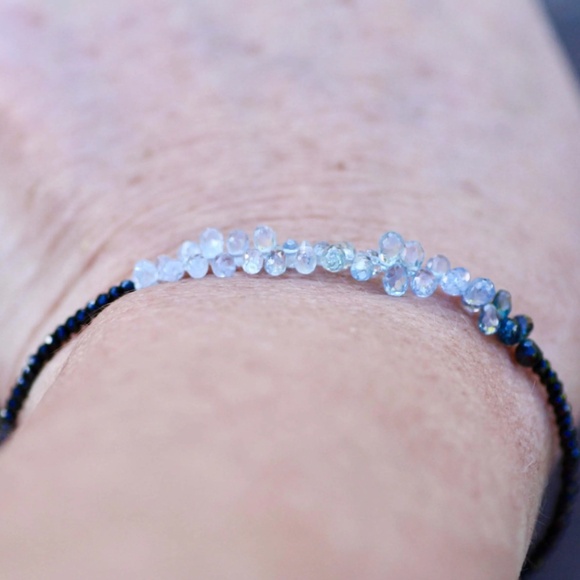Natural Black Spinel, Tiny Briolette Blue Sapphire Bracelet Solid 14K White Gold - Picture 5 of 6